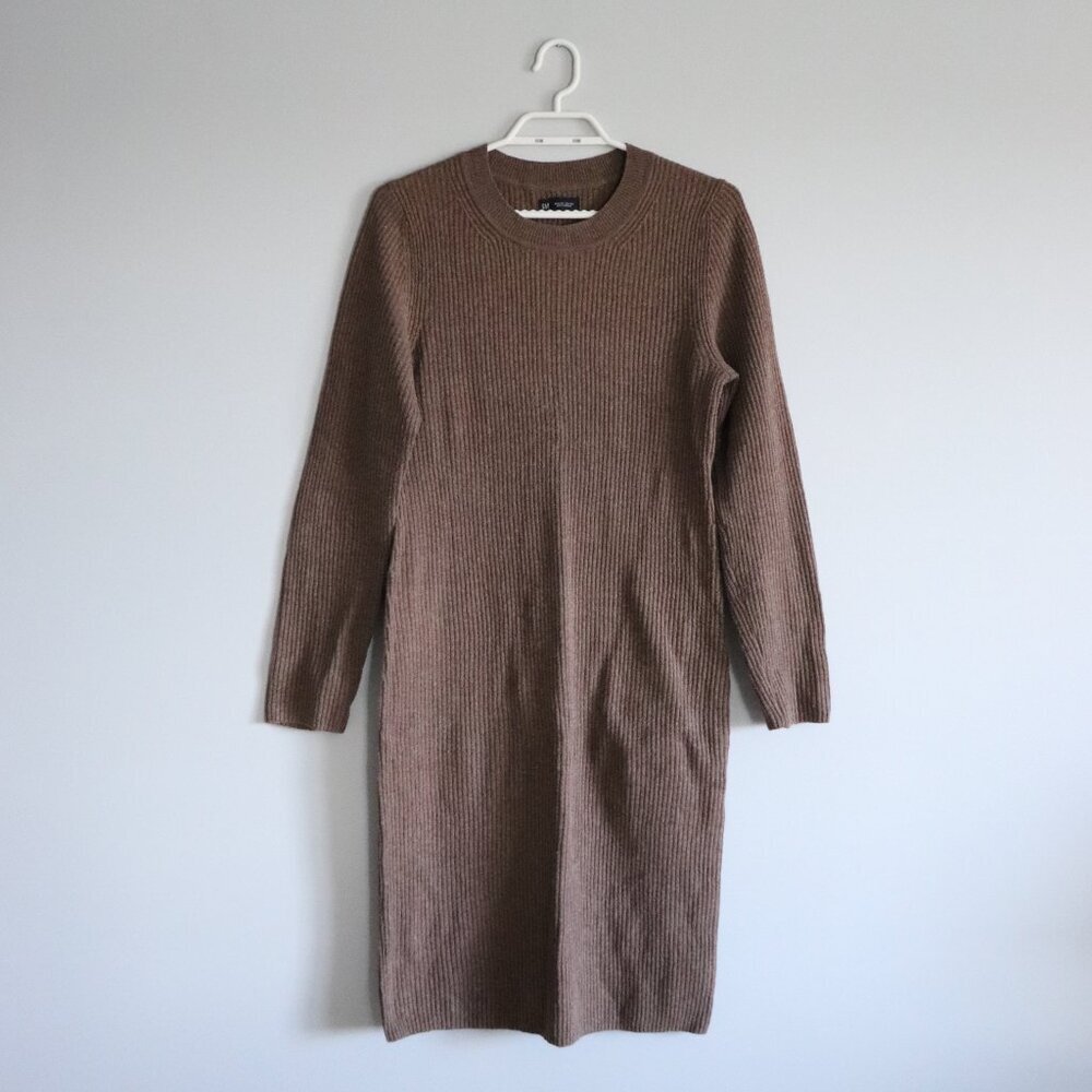 Gap Women's‎ Sz M Brown Long Sleeve Crewneck Ribbed Knit Mini Sweater Dress